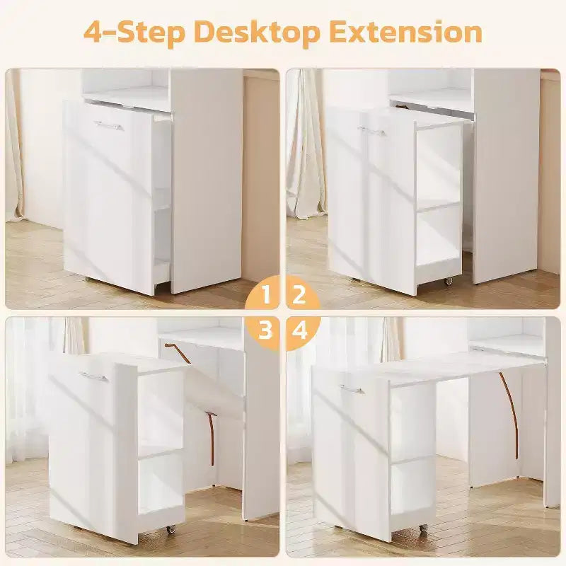 MooxvMoo Ausziehbarer Schreibtisch mit Ablageflächen und Rollen, klappbarer Computertisch für kleine Wohnungen und Home Offices, Weiß