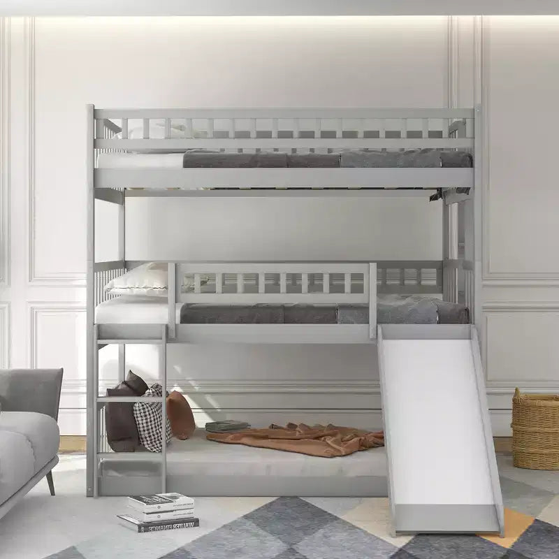 Doppelstockbett mit drei Etagen, Full-Size-Betten, umwandelbarer Leiter und Rutsche, Dreibettbett mit Schutzgeländern, Weiß/Grau/Espresso – ModernLuxe