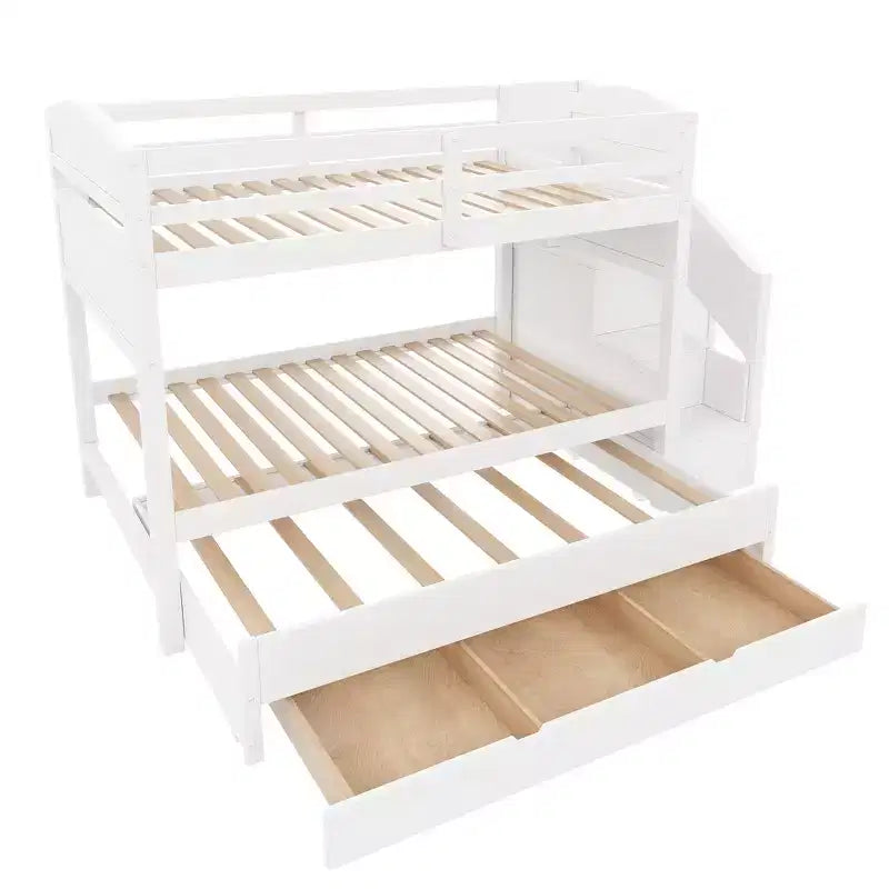 Whisen Twin XL Etagenbett mit Ausziehbett, Etagenbett mit Stauraum, Etagenbett aus Massivholz, Treppe mit Stauraum, Kleiderschrank, 3 Schubladen, für Kinder