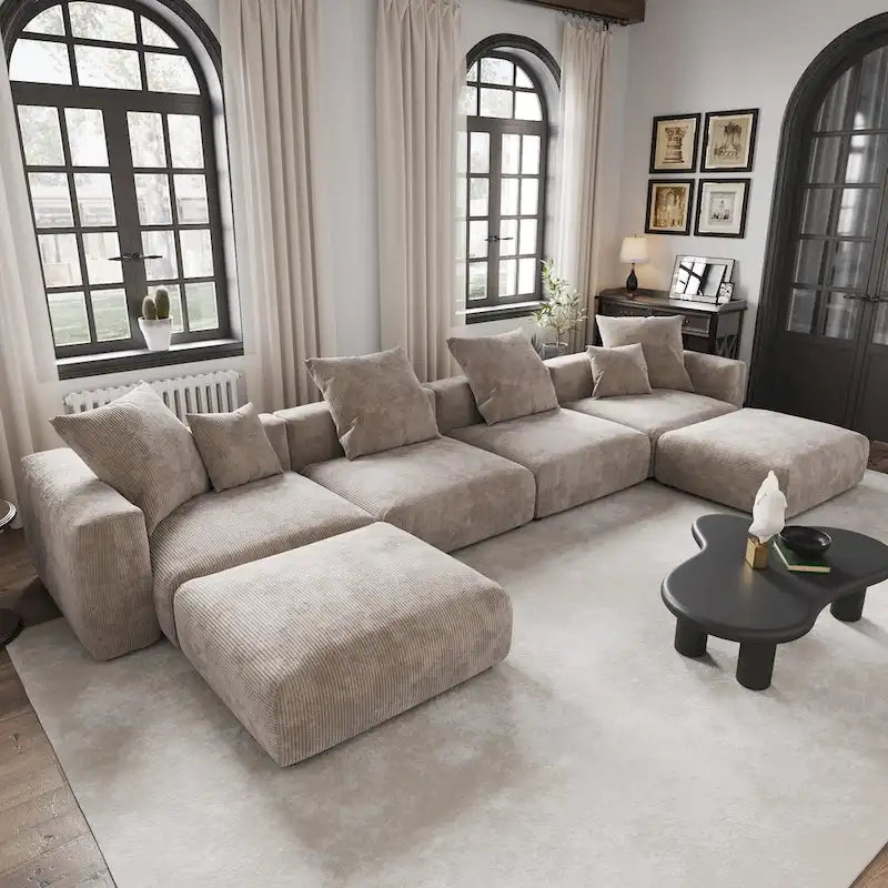 Großes modulares Ecksofa, Kordbezug, U-förmig, 4-Sitzer mit 2 Ottomanen und 5 Kissen