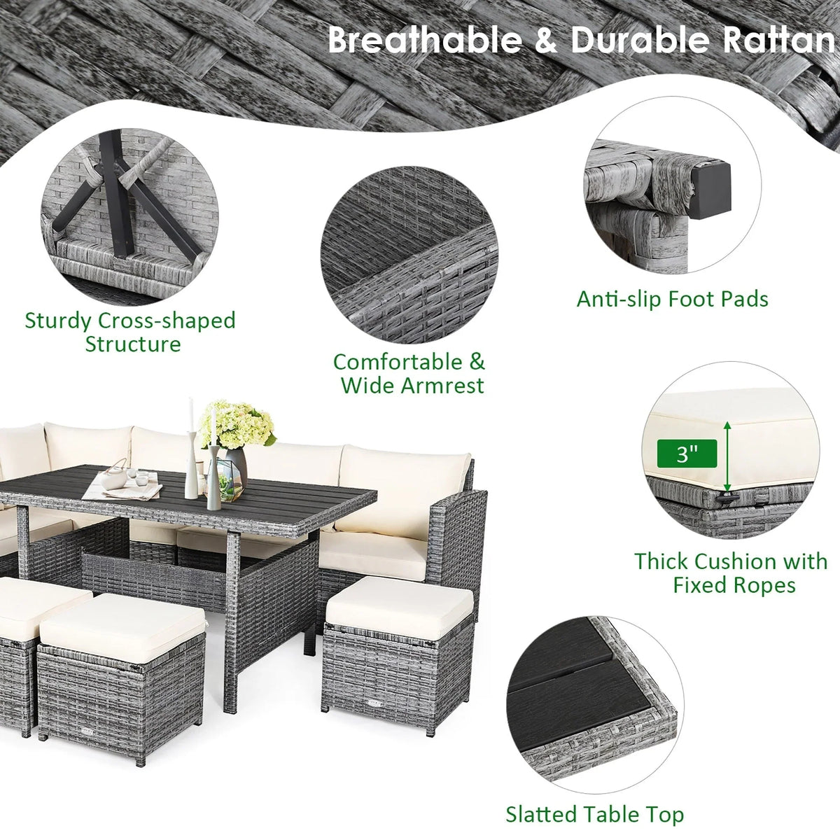 Costway 7-teiliges Terrassen-Essgruppe Rattan-Sofa Couch Ottomane – Details ansehen
