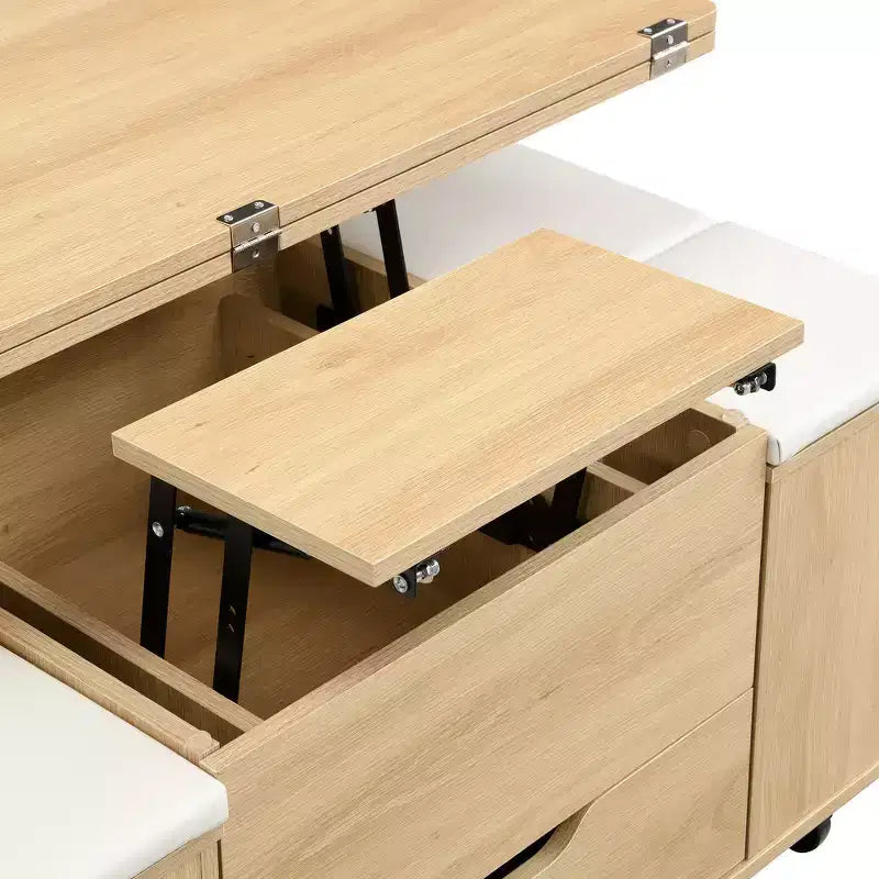 Multifunktionaler moderner Couchtisch mit Hebefunktion, verstecktem Stauraum, 4 Hockern und Rollen, perfekt für moderne Wohnbereiche