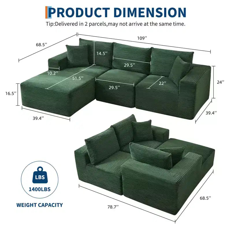 108 Modernes Sofa, 3-Sitzer Polster Ecksofa mit Kissen, Tiefes Sofa, Keine Montage Erforderlich