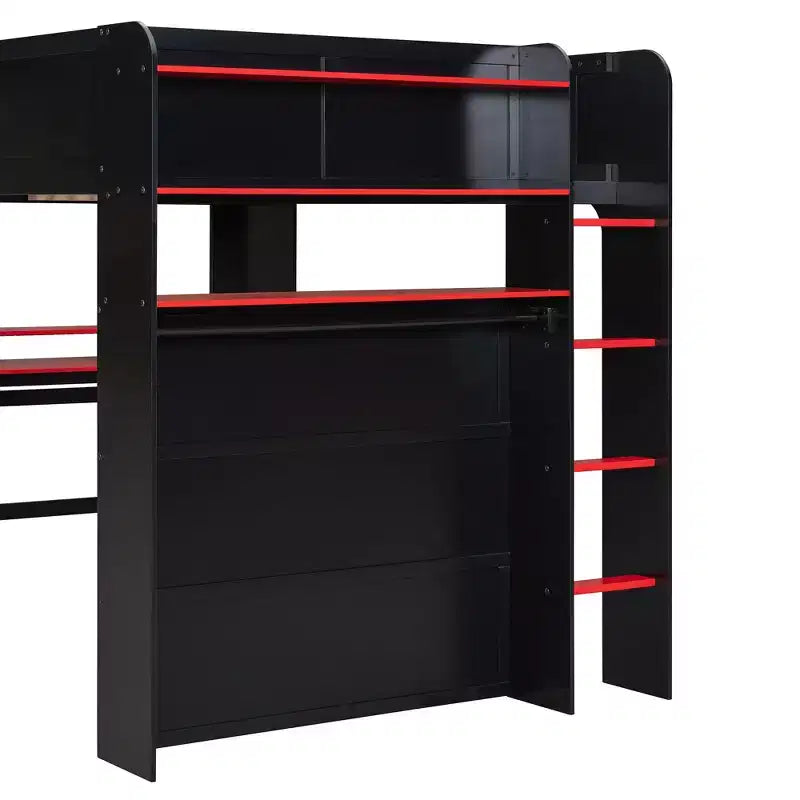 Luxystar Hochbett in voller Größe mit beleuchtetem, verstellbarem Schreibtisch, offenem Kleiderschrank und Bücherregal