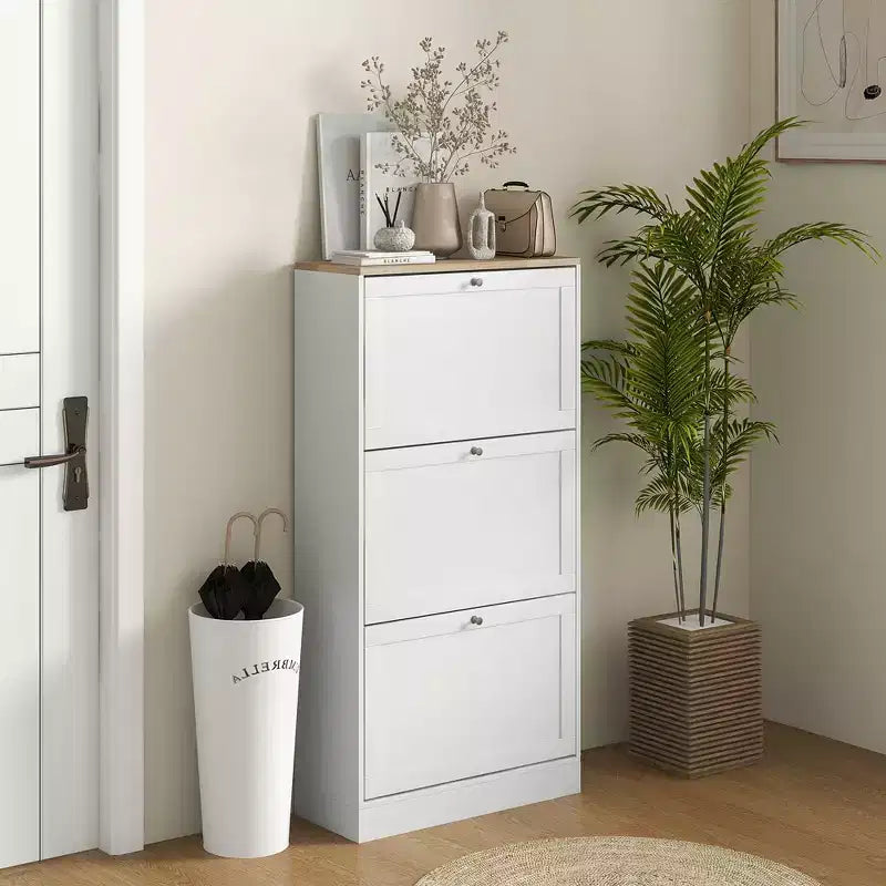 HOMCOM Schmaler Schuhschrank für den Eingangsbereich mit 3 Klappschubladen und verstellbaren Einlegeböden, Schuhregal-Organizer für 12-18 Paar Schuhe