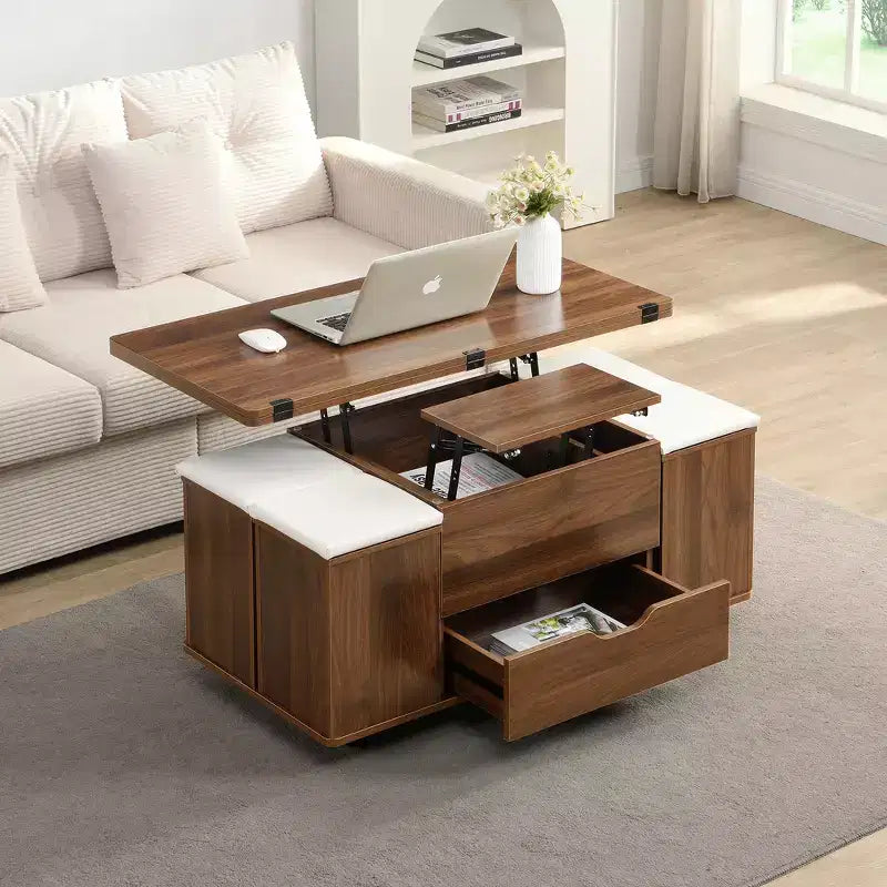 Multifunktionaler moderner Couchtisch mit Hebefunktion, verstecktem Stauraum, 4 Hockern und Rollen, perfekt für moderne Wohnbereiche