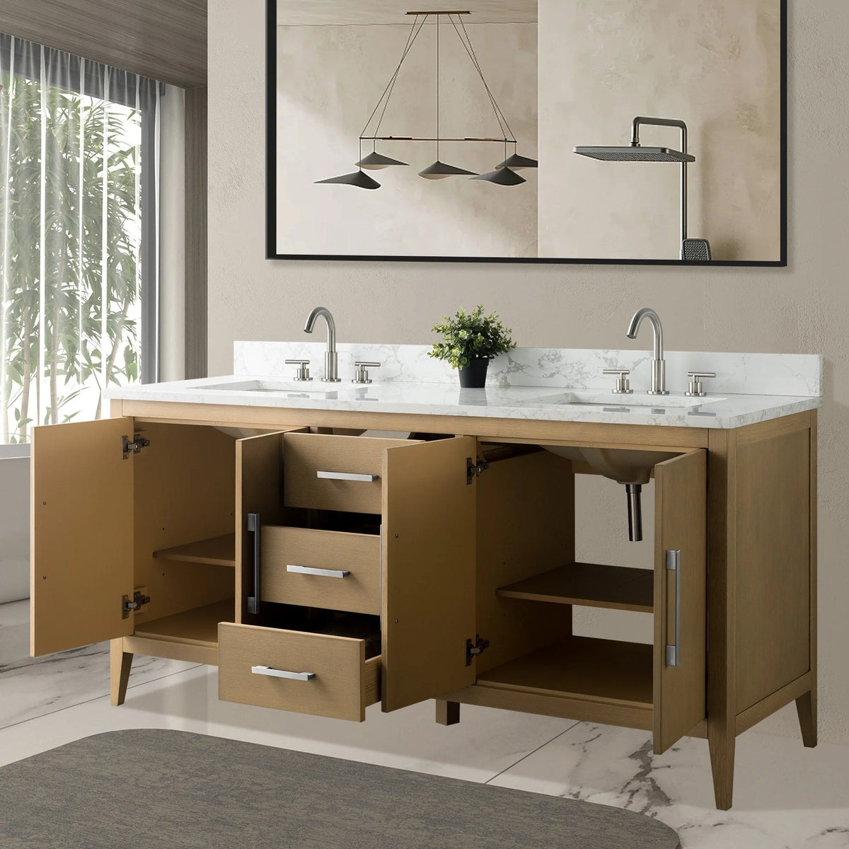 Vanity Art 72 Zoll Badezimmer-Waschtischunterschrank mit Doppelwaschbecken und Kunstmarmorplatte