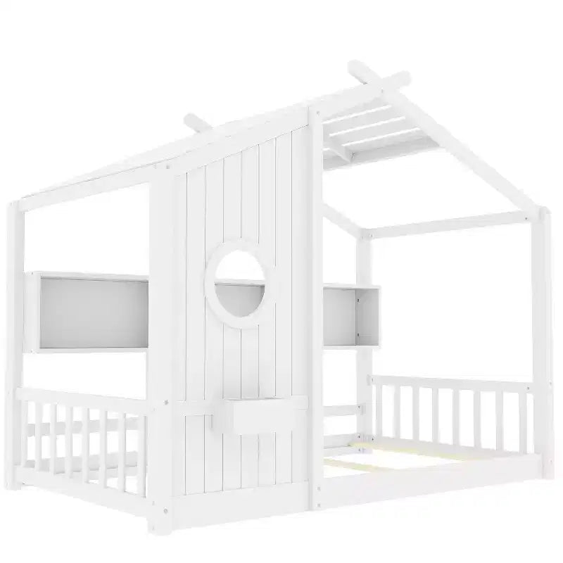 Twin/Full Size Hausbett Plattform-Bettrahmen Kleinkind-Bodenbett Kinder Montessori Bett Spielhausbett mit Ablagefach – ModernLuxe