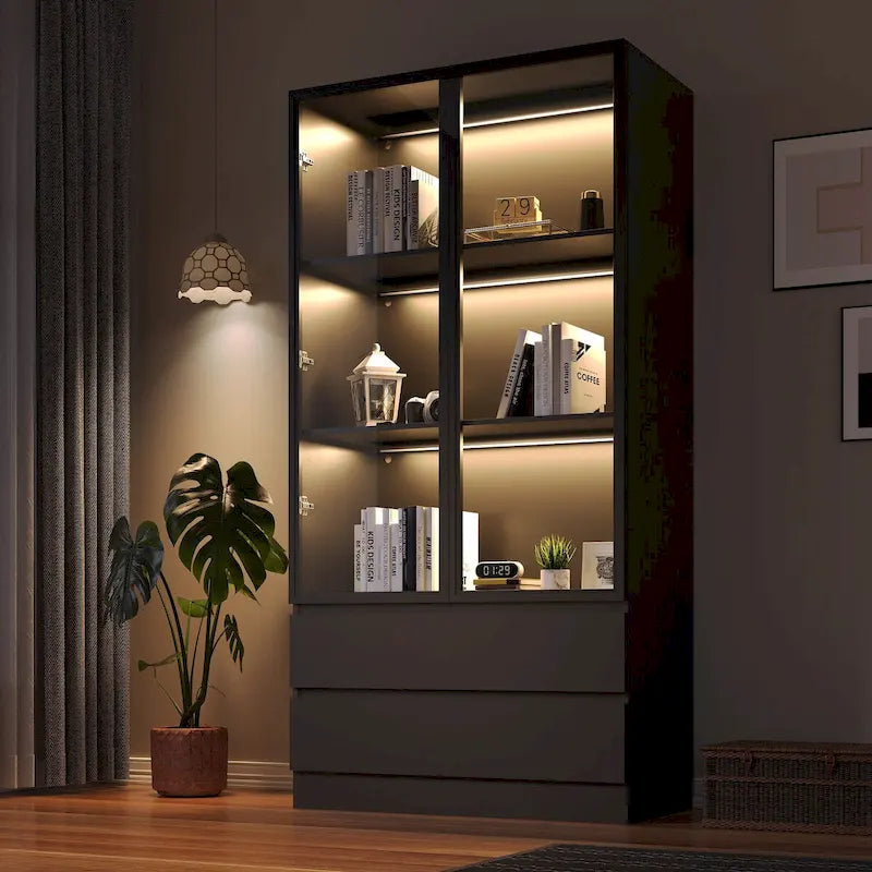Vitrinenschrank, Vitrine mit Hartglastüren, Schaukasten mit 4 Ablagefächern