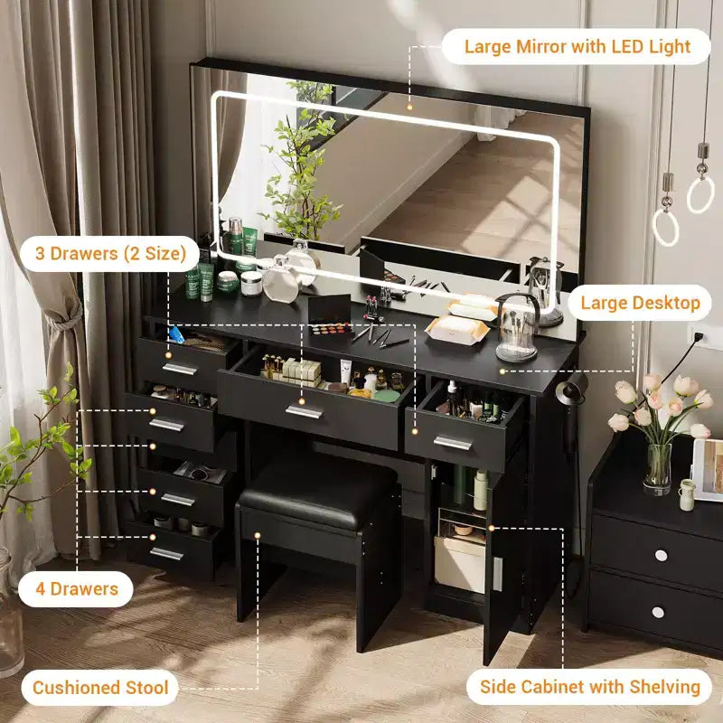 Moderner Schminktisch mit großem Spiegel, 7 Schubladen, LED-Beleuchtung, Stuhl, 3 Beleuchtungsmodi, Föhnhalter und Ladestation für das Schlafzimmer