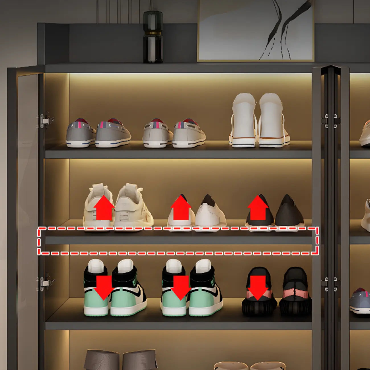Schuhschrank mit LED-Beleuchtung, verstellbaren Einlegeböden und transparenten Türen