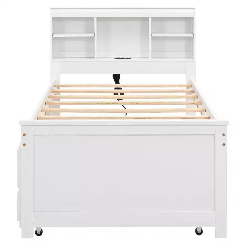 Plattformbett mit Rollbett und Schubladen, Stauraumbett mit USB-Anschluss, Holzbett mit Bücherregal