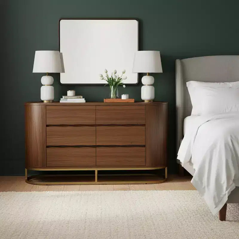 Moderne Kommode mit 6 Schubladen, Baumkanten-Design, Metallgestell und langlebiger Massivholzkonstruktion