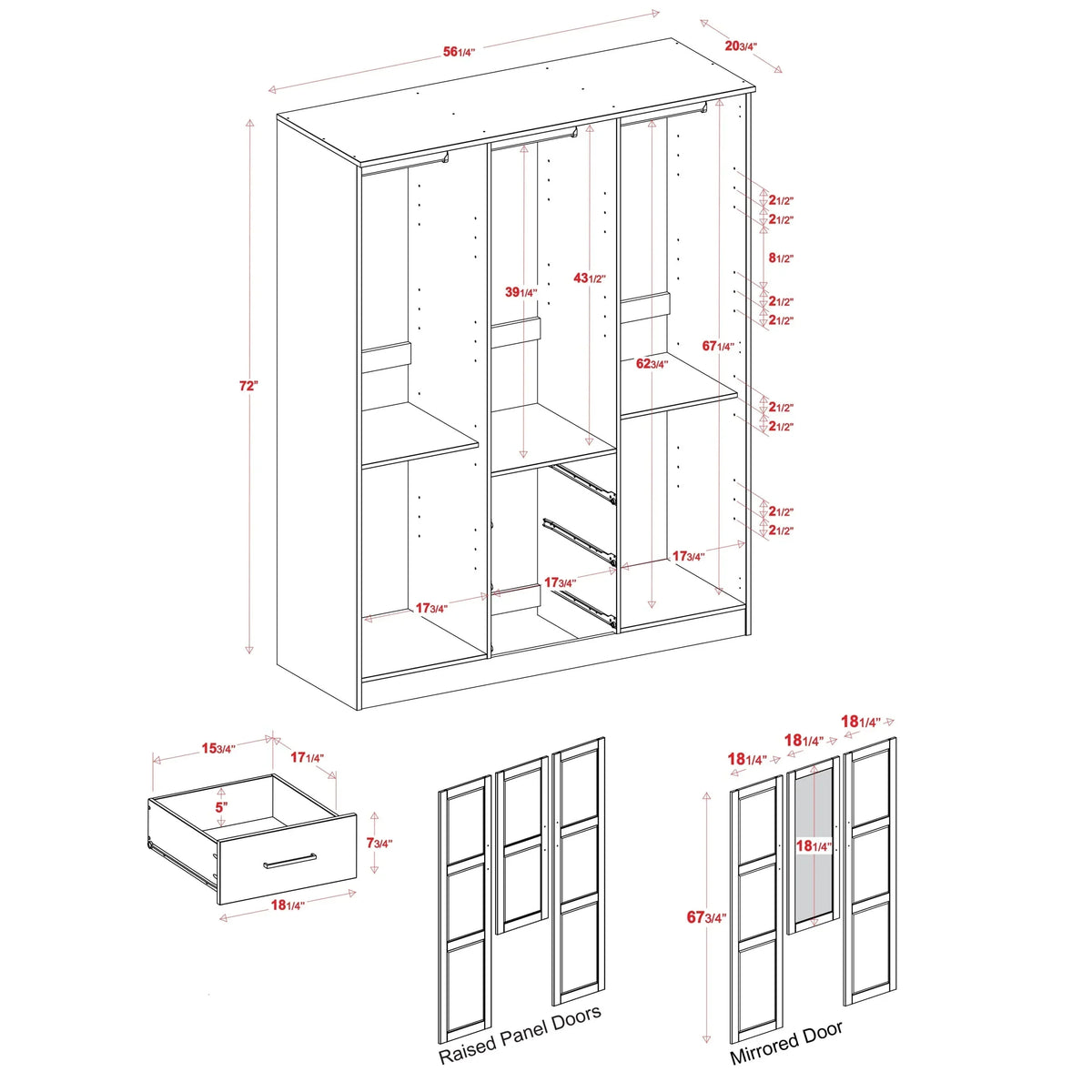 Palace Imports 100% Massivholz Cosmo Kleiderschrank mit 3 Türen mit Massivholz- oder Spiegeltüren