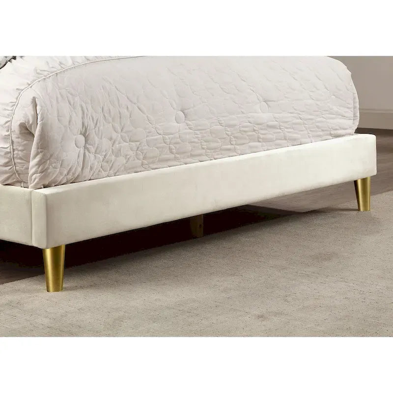Upholstered Platform Bed – Beige, Tufted Headboard, Gold-Tone Accents, Glam Style, Full / Queen / King