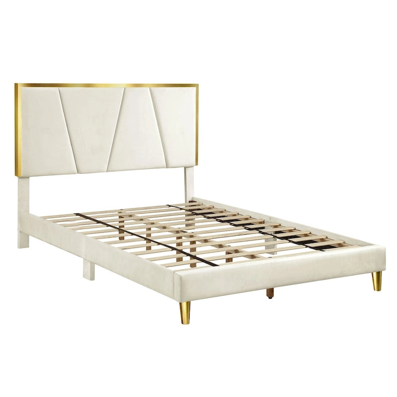 Upholstered Platform Bed – Beige, Tufted Headboard, Gold-Tone Accents, Glam Style, Full / Queen / King