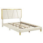 Upholstered Platform Bed – Beige, Tufted Headboard, Gold-Tone Accents, Glam Style, Full / Queen / King