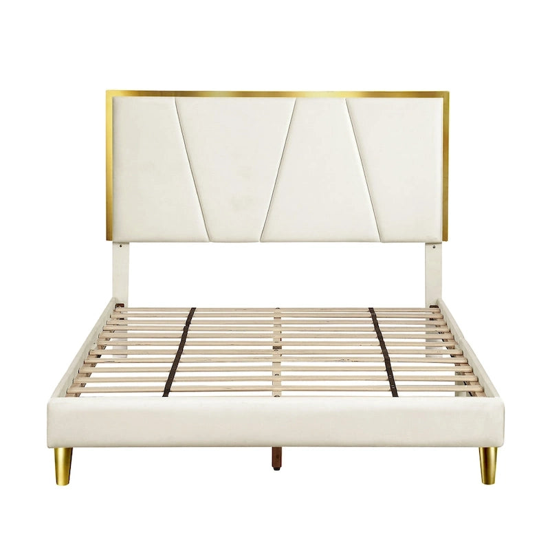 Upholstered Platform Bed – Beige, Tufted Headboard, Gold-Tone Accents, Glam Style, Full / Queen / King