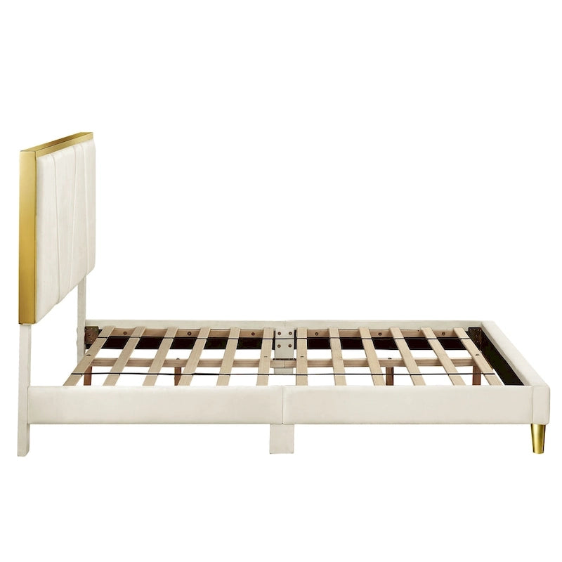 Upholstered Platform Bed – Beige, Tufted Headboard, Gold-Tone Accents, Glam Style, Full / Queen / King