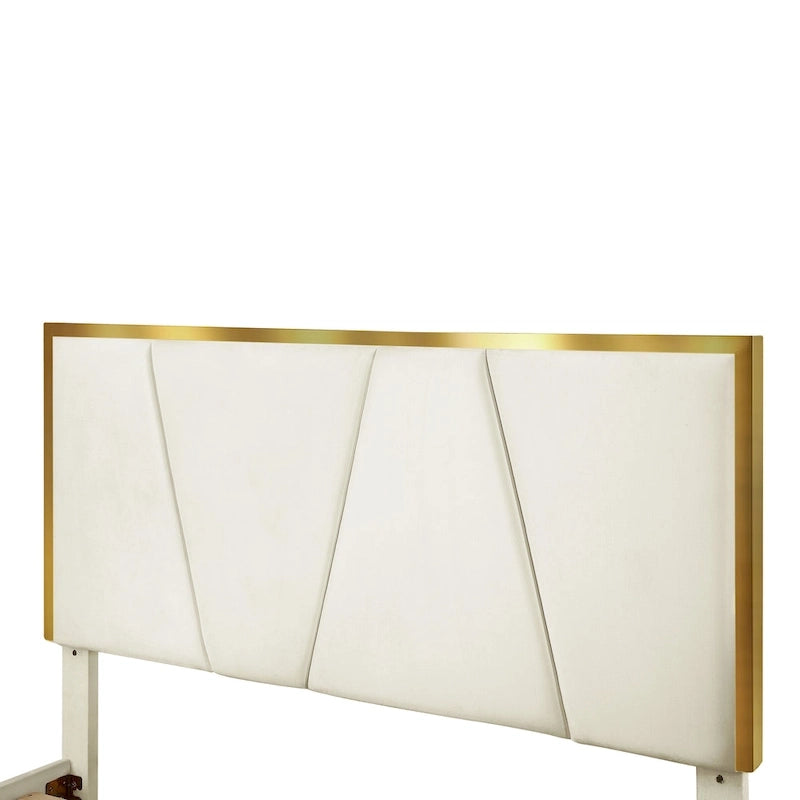 Upholstered Platform Bed – Beige, Tufted Headboard, Gold-Tone Accents, Glam Style, Full / Queen / King