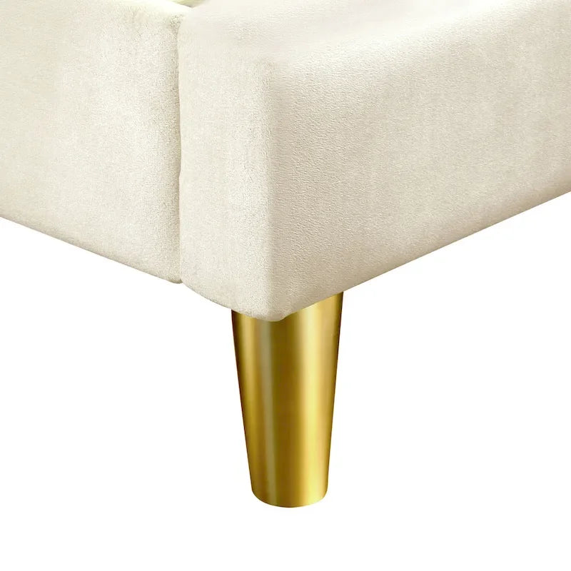 Upholstered Platform Bed – Beige, Tufted Headboard, Gold-Tone Accents, Glam Style, Full / Queen / King