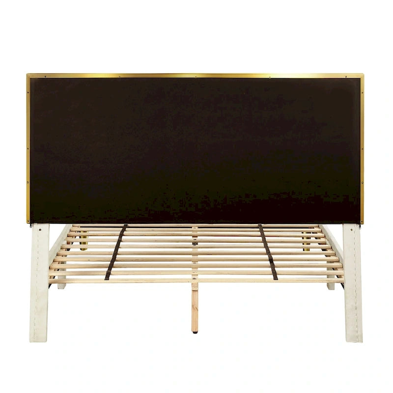 Upholstered Platform Bed – Beige, Tufted Headboard, Gold-Tone Accents, Glam Style, Full / Queen / King