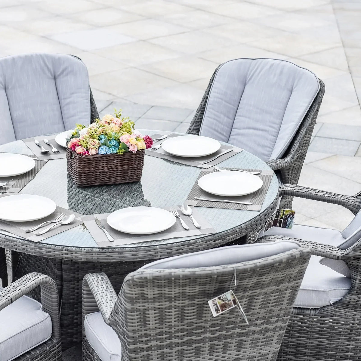 7-teiliges Garten-Essgruppe aus Rattan mit runden Kissen von Moda Furnishings