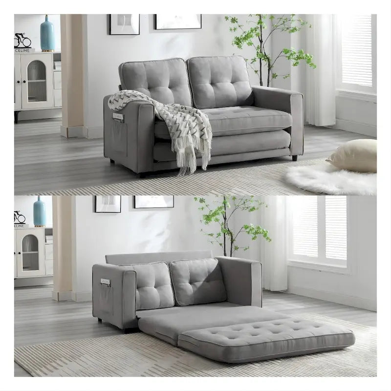 3-Fold Convertible Sofa Bed – Light Gray / Beige / Dark Gray, Velvet, Sleeps 1