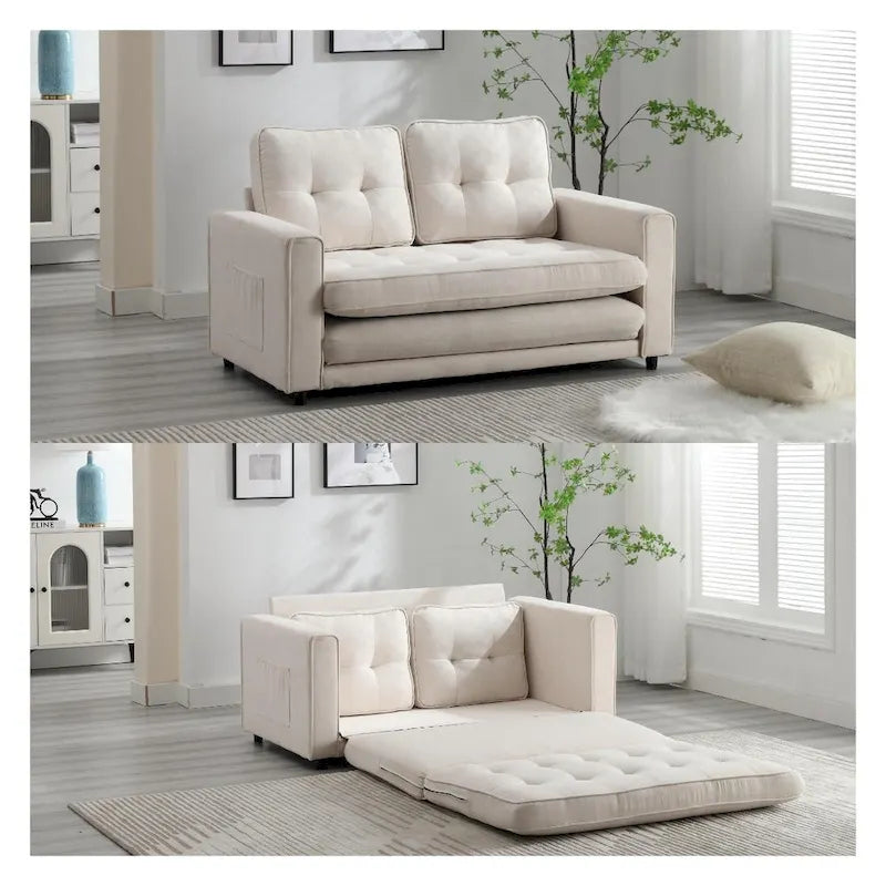 3-Fold Convertible Sofa Bed – Light Gray / Beige / Dark Gray, Velvet, Sleeps 1
