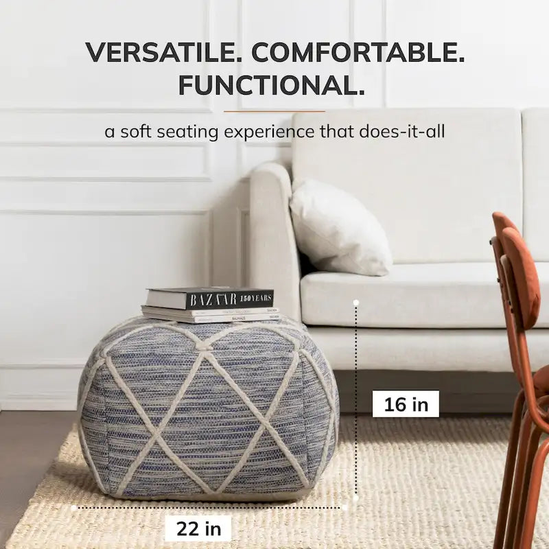 22-Inch Round Pouf Ottoman – Blue & Ivory / Tan & Ivory / Gray & Ivory, 1-Person Footrest & Extra Seat