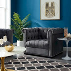 Chesterfield Armchair – Midnight Blue / Aqua / Grey / Ivory, Performance Velvet, Button Tufted, Seats 1