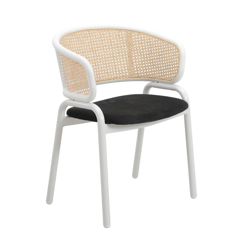 Dining Arm Chair – Grey / Beige / White / Black, Velvet Seat, Rattan Back, Powder-Coated Steel Legs, Mid-Century Modern Style, Seats 1