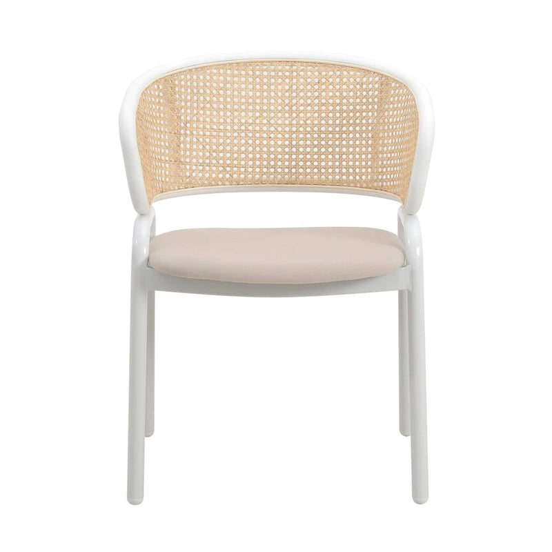 Dining Arm Chair – Grey / Beige / White / Black, Velvet Seat, Rattan Back, Powder-Coated Steel Legs, Mid-Century Modern Style, Seats 1
