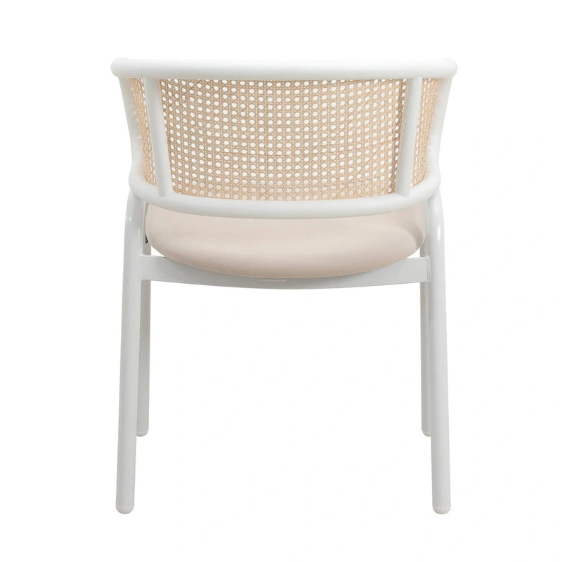 Dining Arm Chair – Grey / Beige / White / Black, Velvet Seat, Rattan Back, Powder-Coated Steel Legs, Mid-Century Modern Style, Seats 1