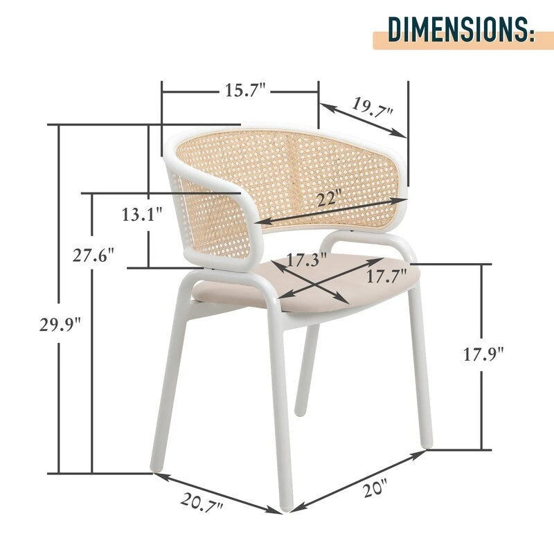 Dining Arm Chair – Grey / Beige / White / Black, Velvet Seat, Rattan Back, Powder-Coated Steel Legs, Mid-Century Modern Style, Seats 1