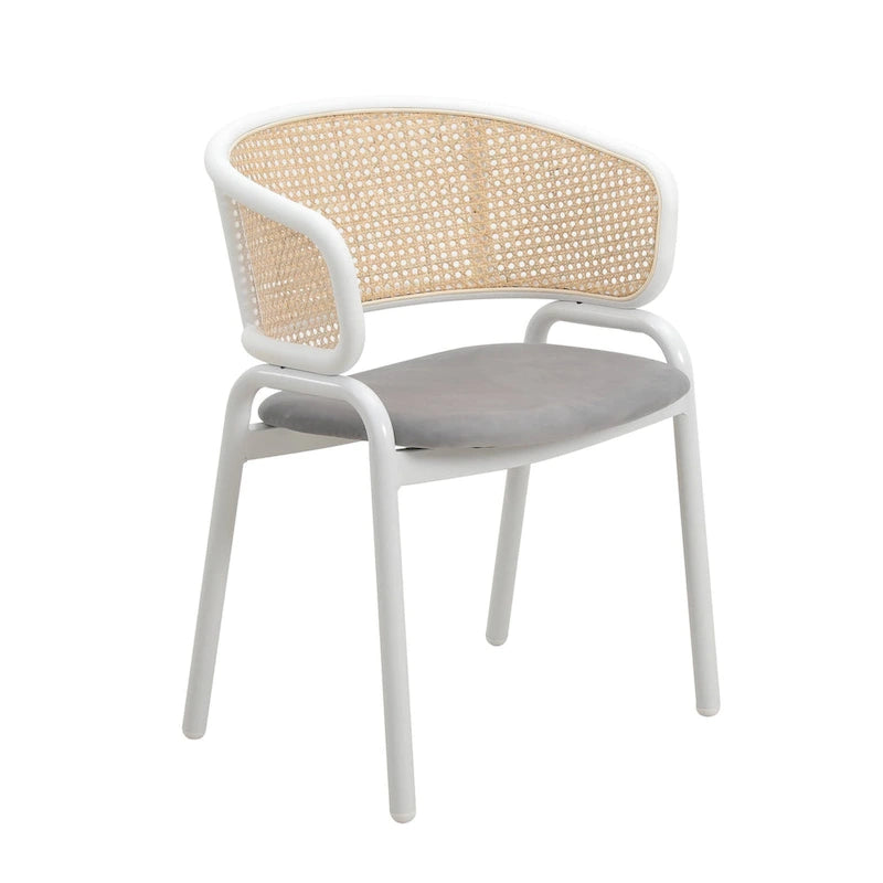 Dining Arm Chair – Grey / Beige / White / Black, Velvet Seat, Rattan Back, Powder-Coated Steel Legs, Mid-Century Modern Style, Seats 1