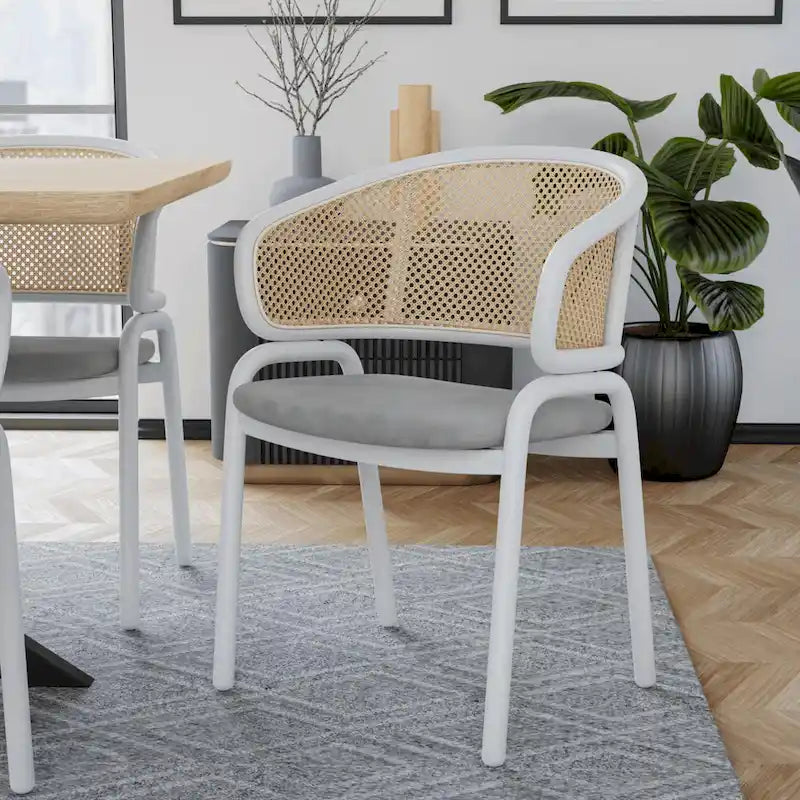 Dining Arm Chair – Grey / Beige / White / Black, Velvet Seat, Rattan Back, Powder-Coated Steel Legs, Mid-Century Modern Style, Seats 1