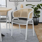 Dining Arm Chair – Grey / Beige / White / Black, Velvet Seat, Rattan Back, Powder-Coated Steel Legs, Mid-Century Modern Style, Seats 1