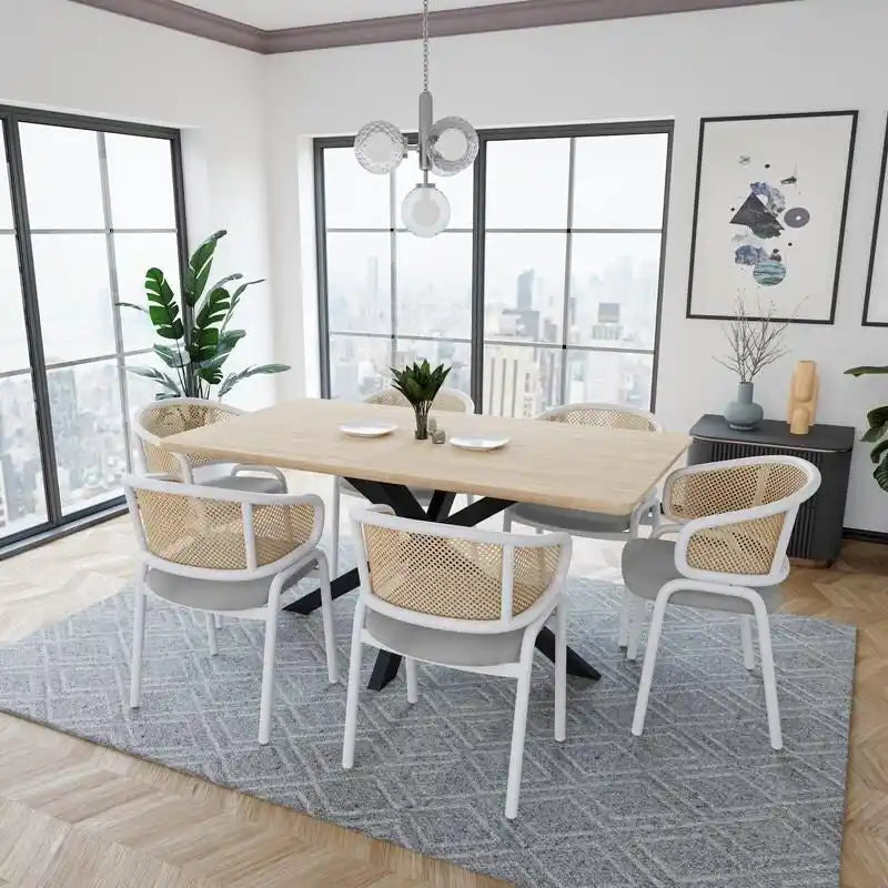 Dining Arm Chair – Grey / Beige / White / Black, Velvet Seat, Rattan Back, Powder-Coated Steel Legs, Mid-Century Modern Style, Seats 1