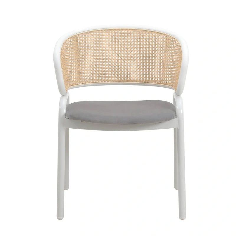 Dining Arm Chair – Grey / Beige / White / Black, Velvet Seat, Rattan Back, Powder-Coated Steel Legs, Mid-Century Modern Style, Seats 1