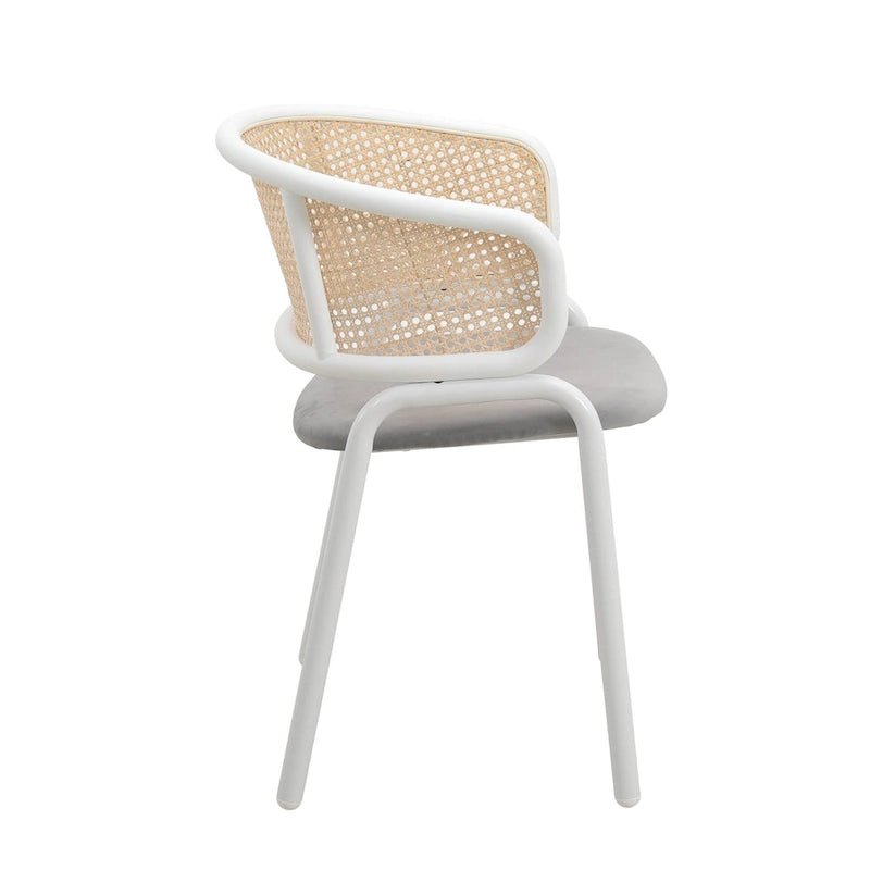 Dining Arm Chair – Grey / Beige / White / Black, Velvet Seat, Rattan Back, Powder-Coated Steel Legs, Mid-Century Modern Style, Seats 1