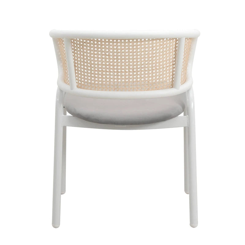 Dining Arm Chair – Grey / Beige / White / Black, Velvet Seat, Rattan Back, Powder-Coated Steel Legs, Mid-Century Modern Style, Seats 1