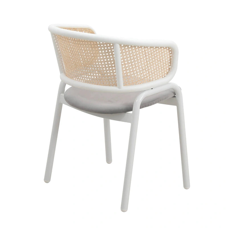 Dining Arm Chair – Grey / Beige / White / Black, Velvet Seat, Rattan Back, Powder-Coated Steel Legs, Mid-Century Modern Style, Seats 1