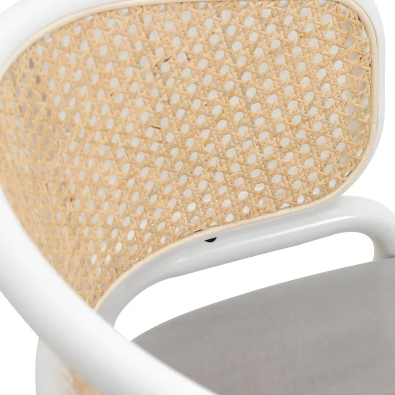 Dining Arm Chair – Grey / Beige / White / Black, Velvet Seat, Rattan Back, Powder-Coated Steel Legs, Mid-Century Modern Style, Seats 1