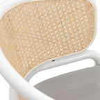 Dining Arm Chair – Grey / Beige / White / Black, Velvet Seat, Rattan Back, Powder-Coated Steel Legs, Mid-Century Modern Style, Seats 1
