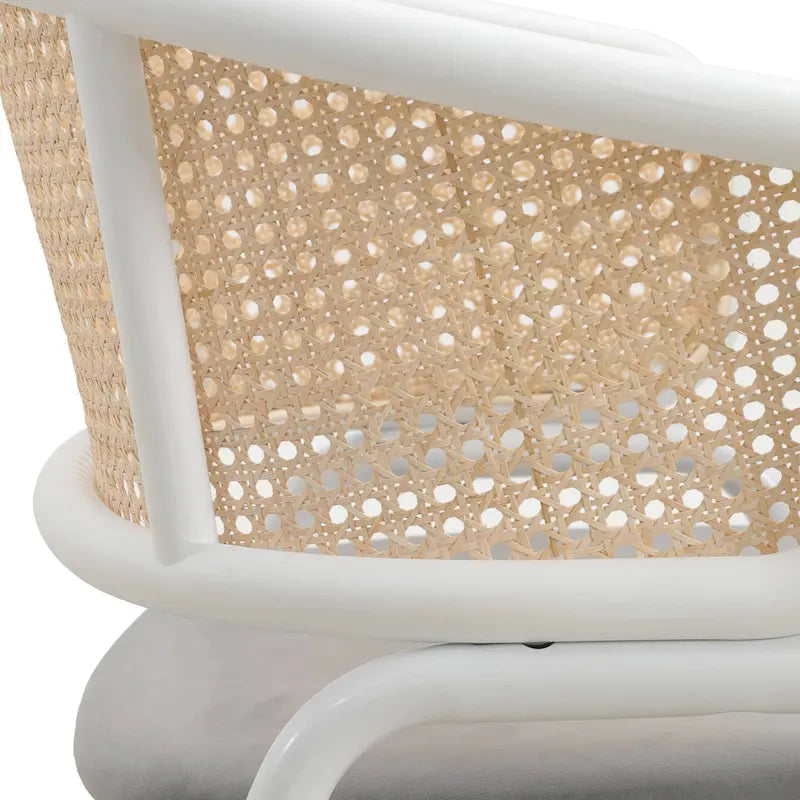 Dining Arm Chair – Grey / Beige / White / Black, Velvet Seat, Rattan Back, Powder-Coated Steel Legs, Mid-Century Modern Style, Seats 1
