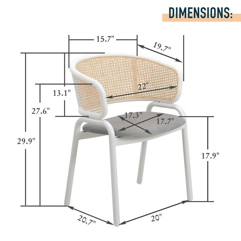 Dining Arm Chair – Grey / Beige / White / Black, Velvet Seat, Rattan Back, Powder-Coated Steel Legs, Mid-Century Modern Style, Seats 1