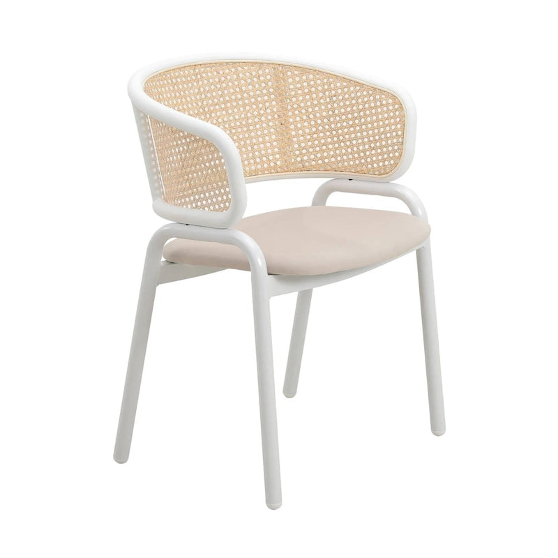 Dining Arm Chair – Grey / Beige / White / Black, Velvet Seat, Rattan Back, Powder-Coated Steel Legs, Mid-Century Modern Style, Seats 1