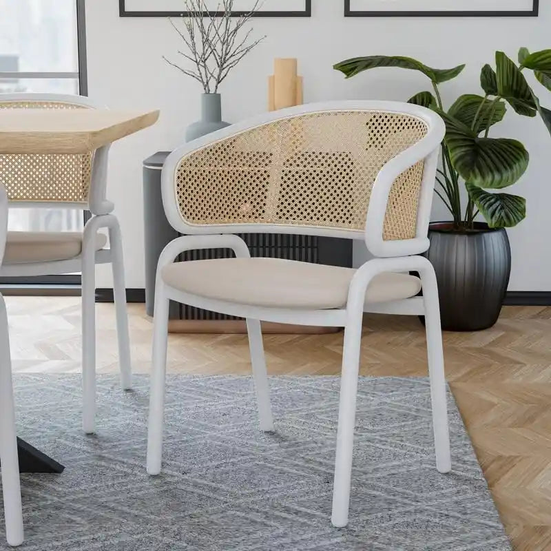 Dining Arm Chair – Grey / Beige / White / Black, Velvet Seat, Rattan Back, Powder-Coated Steel Legs, Mid-Century Modern Style, Seats 1