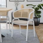Dining Arm Chair – Grey / Beige / White / Black, Velvet Seat, Rattan Back, Powder-Coated Steel Legs, Mid-Century Modern Style, Seats 1